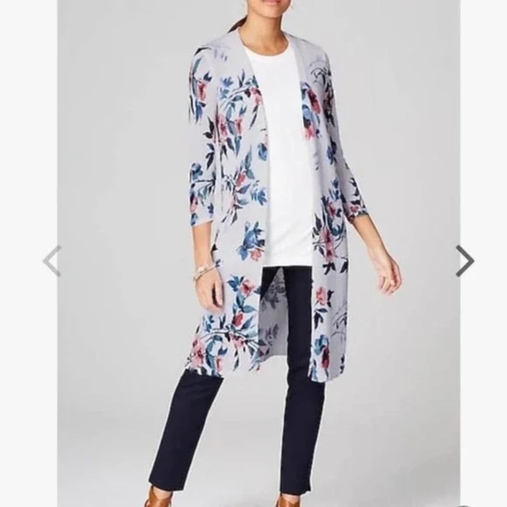 J. Jill Linen Blend White Floral Print Open Front Duster Cardigan Size Small